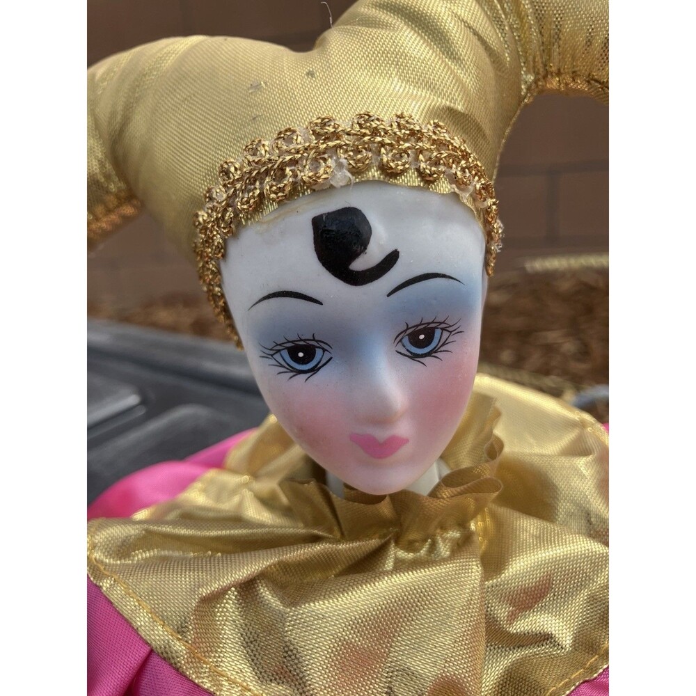 Porcelain Jester Doll Bust Mardi Gas Gold Pink Satin Harlequin Decor